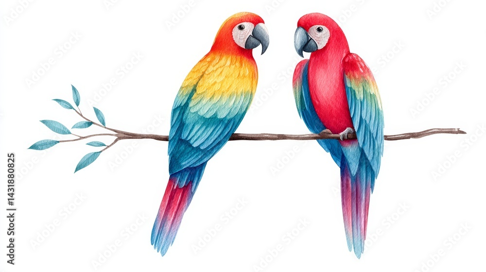 Obraz premium Two Macaws on a Branch - Two vibrant macaws perched on a branch, one predominantly red, the other a mix of red, yellow, and blue. Watercolor