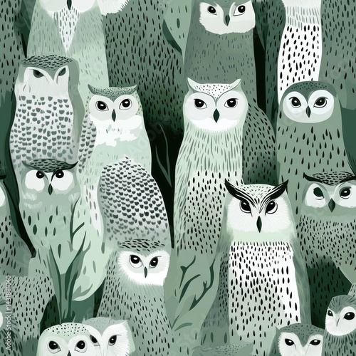 A Gathering of Owls: Serene Green Hues in a Forest Setting