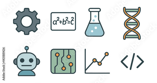 Comprehensive stem education icons set: gear, dna, lab flask, circuit, code, more. Vector icons