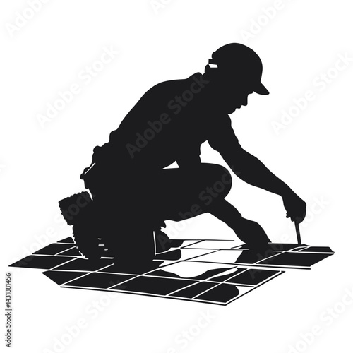 vector silhouette tiler laying tiles on the floor .Generative AI