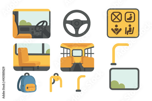 School bus interior icons set: comprehensive collection for educational designs. Vector icons