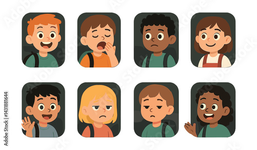 School bus emotions icon set: flat style with varied child expressions. Vector icons