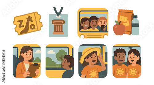 Fun and educational field trip icons set in flat style for kids and teachers. Vector icons