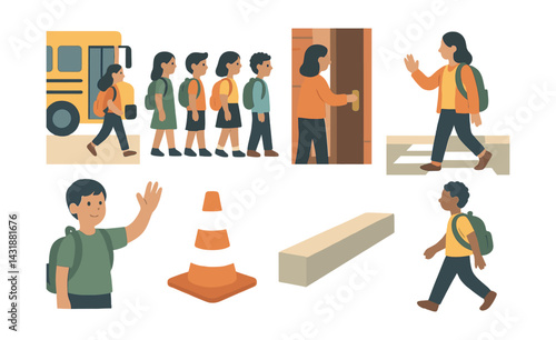 School dismissal icons set: education, students, safety, transition in flat design. Vector icons