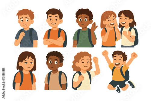 Middle school emotions icon set: expressive emotions in flat style for educational use. Vector icons