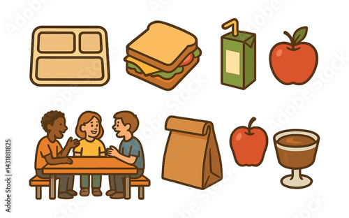 School lunch essentials icon set - flat style with tray, sandwich, juice box, apples, and more. Vector icons