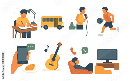 Daily routine activities icon set: study, commute, exercise, and relaxation - flat style. Vector icons