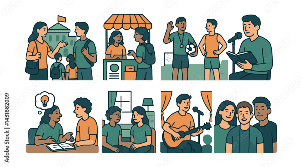 Fototapeta premium Dynamic campus life icons set – engage with student activities and interactions in a flat style. Vector icons