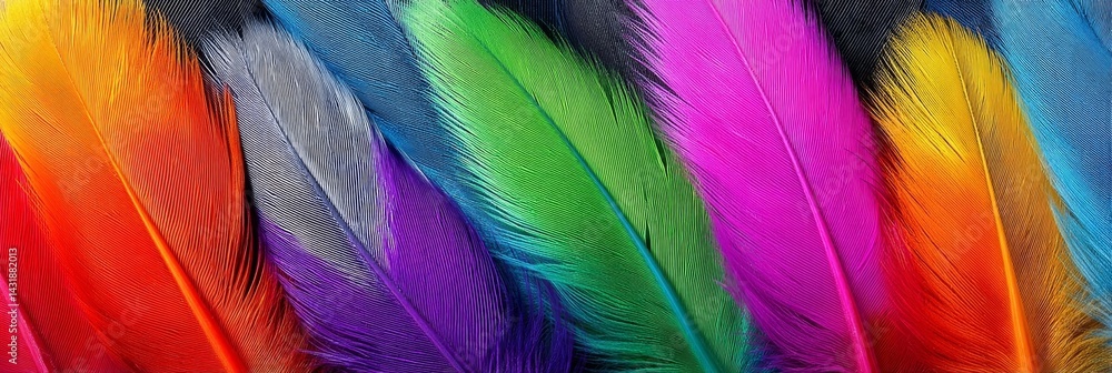 Vibrant Multicolored Feathers Macro View - A stunning close-up of brightly colored feathers, symbolizing beauty, freedom, artistry, nature, and lightness Vibrant Multicolored Feathers Macro View - A stunning close-up of brightly colored feathers, symbolizing beauty, freedom, artistry, nature, and lightness