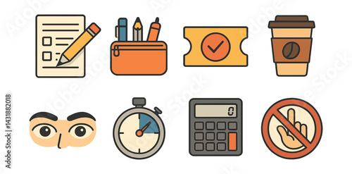 Comprehensive exam essentials icons set for academic success. Vector icons