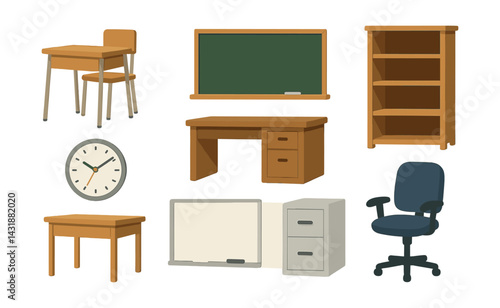 classroom furniture icons set: desk, chair, blackboard, clock, bookshelf, filing cabinet. Vector icons