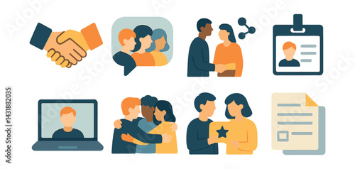 College networking icons set: building connections and collaboration in education. Vector icons