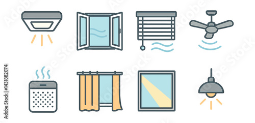 Classroom air and light control icons set: . Vector icons