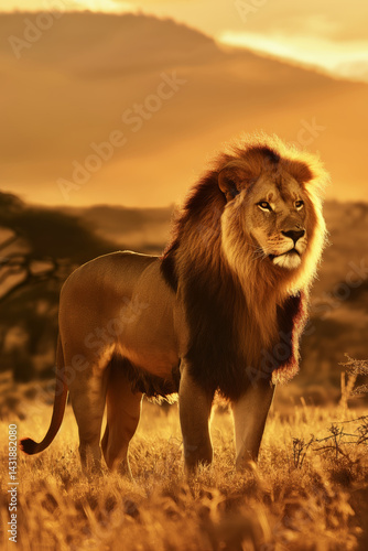 Wallpaper Mural Beautiful male lion with a full mane basking in the golden glow of sunset in the African savannah. Perfect for wildlife, nature, or strength themes. Torontodigital.ca