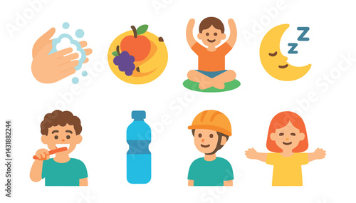 Bright & cheerful healthy kids icons set: hygiene, exercise, sleep & nutrition essentials. Vector icons