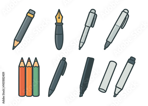 Colorful writing tools icon set - flat style featuring pens, pencils, markers, and more. Vector icons