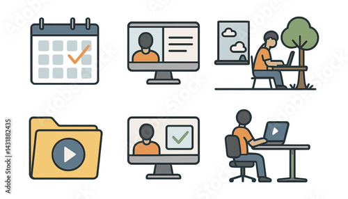 Flexible learning icons set – featuring calendar, online learning, outdoor study, and more. Vector icons