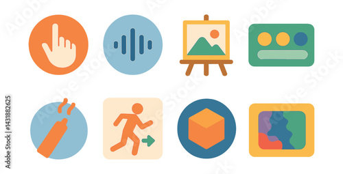 Multisensory learning icons set: hand, sound, art, interaction, motion, colorful. Vector icons