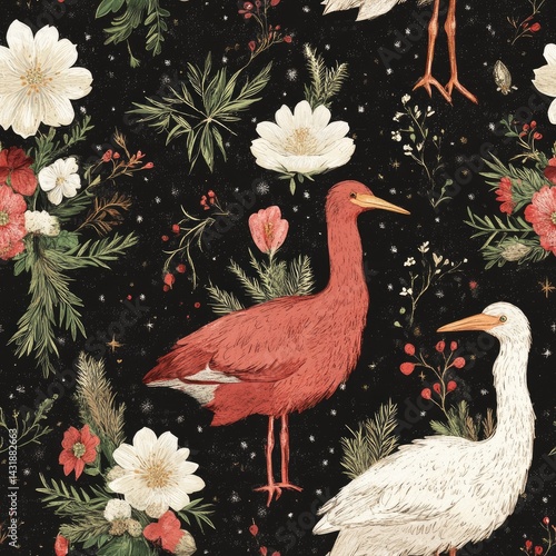 Enchanted Forest Birds: A Night Garden Tapestry of Floral and Avian Wonders