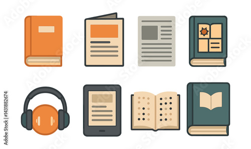 Library and reading icons set: books, ebooks, and audiobooks in . Vector icons