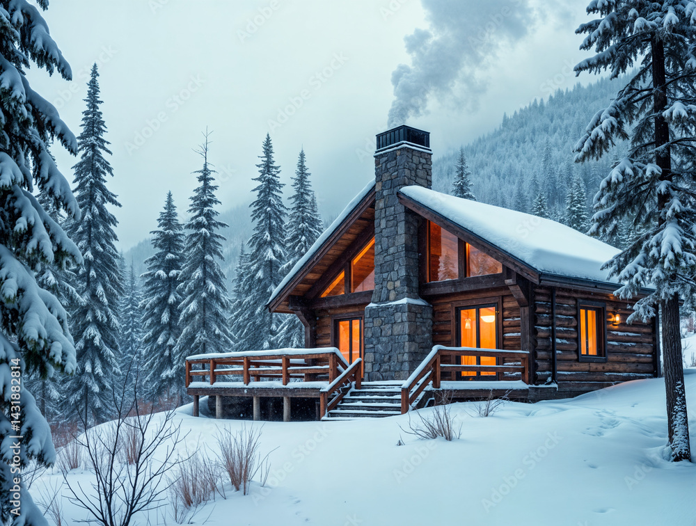 The image depicts a cozy log cabin nestled in a snowy forest