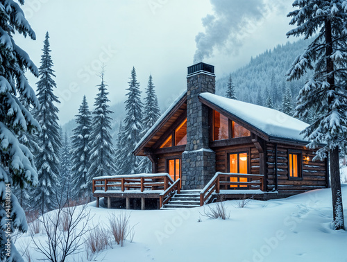 Obraz na płótnie The image depicts a cozy log cabin nestled in a snowy forest w salonie