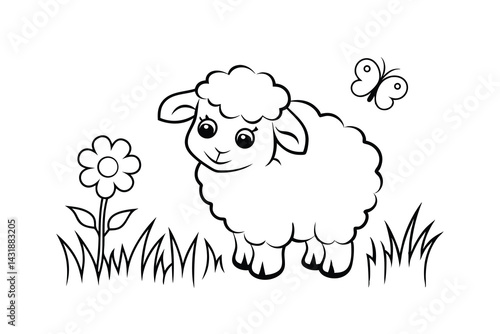 Cute cartoon sheep with butterfly and flower in field outline for coloring pages