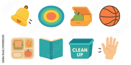 School day essentials icons set: education, clean up, lunch, and activities. Vector icons