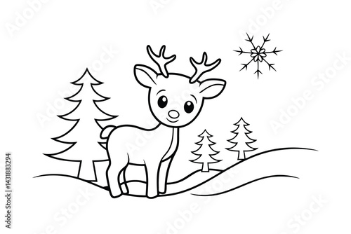 Cartoon reindeer in winter landscape coloring page with christmas trees and snowflake ready to color