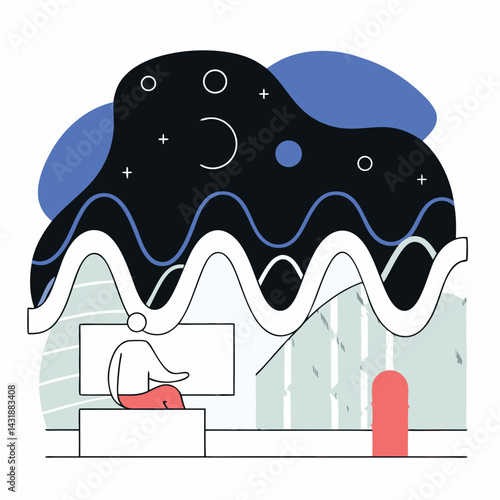A person contemplates a cosmic dreamscape, a night sky of wavy lines and celestial bodies above them, rendered in a minimalist, line art style.