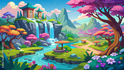 A beautiful paradise land full of flowers, sakura trees, rivers and waterfalls, a blooming and magical idyllic Eden garden