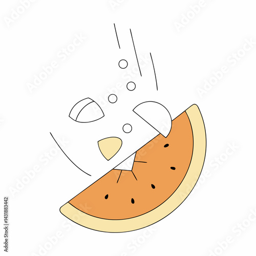 A playful face joyfully devouring a juicy watermelon slice in a simple, minimalist line drawing style with splashes of vibrant color.