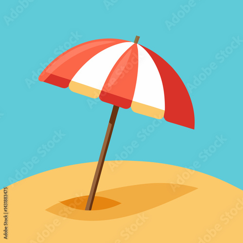 A red and white striped beach umbrella offering shade on a sunny day, planted firmly in the golden sand under a bright blue sky.