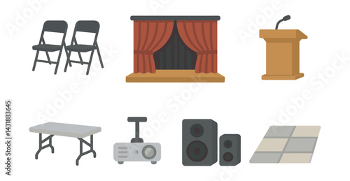 Essential event setup icons: chairs, stage, podium, table, projector, speakers, dance floor. Vector icons
