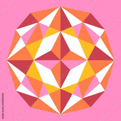 A vibrant geometric gemstone radiating warmth and energy on a soft pink background, showcasing bold, symmetrical shapes and a joyful color palette.