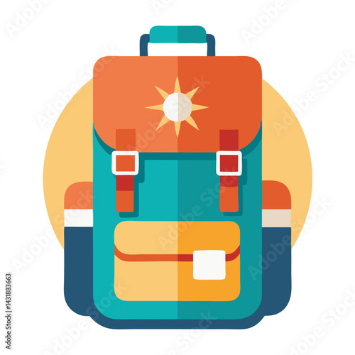 A vibrant backpack ready for sunny adventures, symbolizing wanderlust and exploration with a flat design and warm color palette.