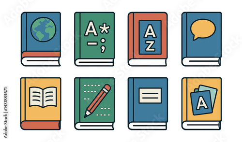 Comprehensive language learning icons set: books, speech, writing - flat style design. Vector icons