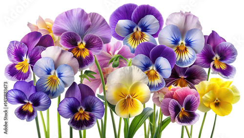 Beautiful assortment of pansies in full bloom with vibrant colors and details