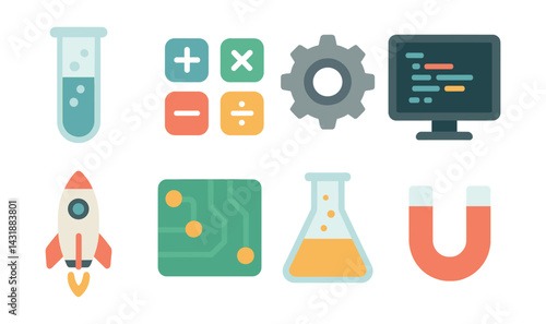 Vibrant stem icons set: technology, engineering, and math in a flat design. Vector icons