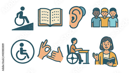 Inclusive education icons set - diverse learning and accessibility symbols in flat style. Vector icons