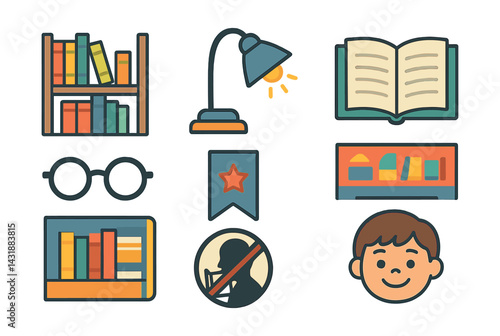 Library and reading icons set: books, glasses, lamp, bookmark, reader silhouette, child icon. Vector icons