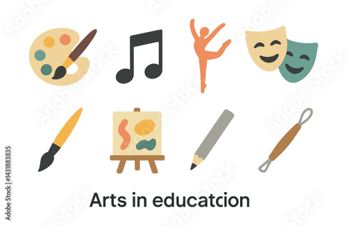 Creative arts in education icons set - flat style: palette, music note, dance, theater, brush, easel. Vector icons