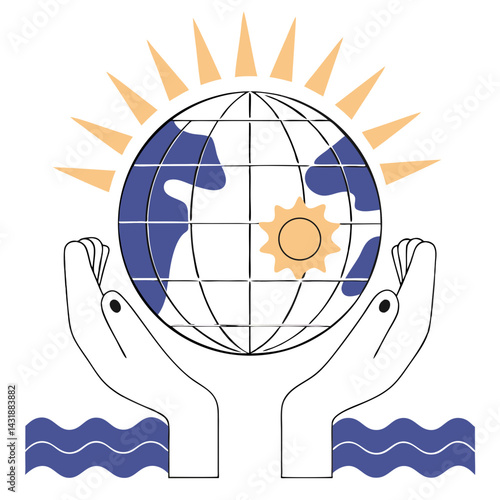 Gentle hands cradle our sunlit Earth, a symbol of global care and environmental protection, depicted with a minimalist line art style and calming blue and gold hues.