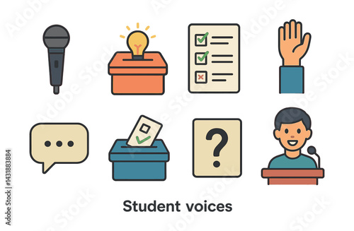 Empowered student voice icons set: microphone, voting, checklists & more in flat style. Vector icons
