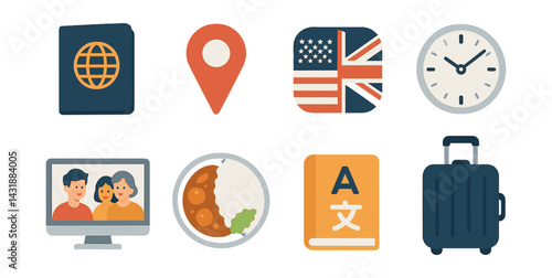 Cultural exchange icons set – for global communication and travel themes. Vector icons