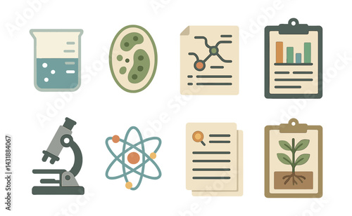 Science study tools icon set: flat style for education and research. Vector icons