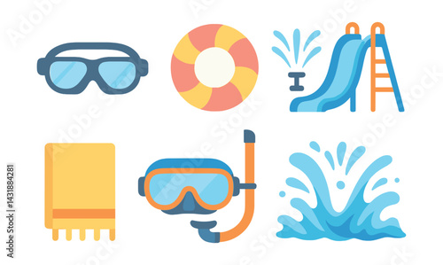 Poolside essentials icon set: dive into summer fun with stylish flat design. Vector icons