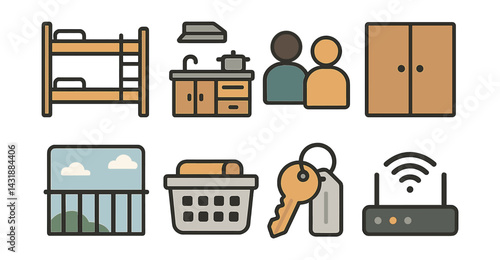 Essential student housing icons set: modern flat design for urban living. Vector icons