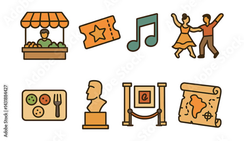 Cultural experience icons set – design featuring music, dance, art, and travel. Vector icons