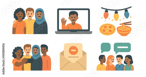 international social gathering icon set: online meeting, selfies, invitations, and dining. Vector icons